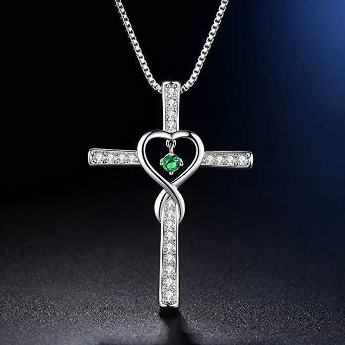 Infinity Love God We Trust Christian Cross Birthstone Crystal Pendant Necklace Colour Gems Zircon Heart Necklace Women Jewelry