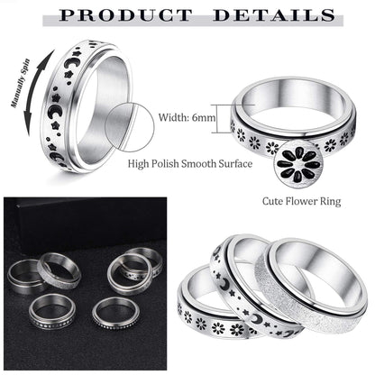 Stainless Steel Rotatable Spinner Ring Moon Stars Relieve Anxiety Rings