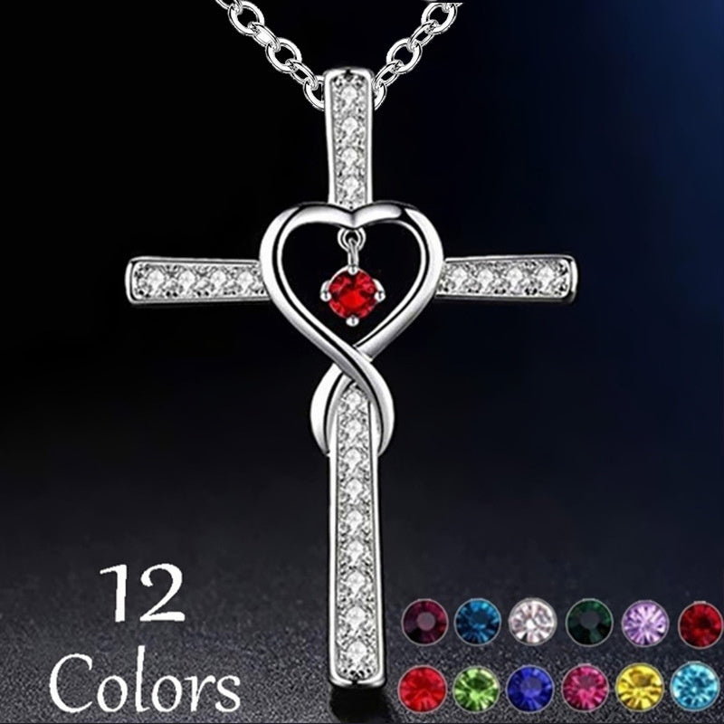 Infinity Love God We Trust Christian Cross Birthstone Crystal Pendant Necklace Colour Gems Zircon Heart Necklace Women Jewelry