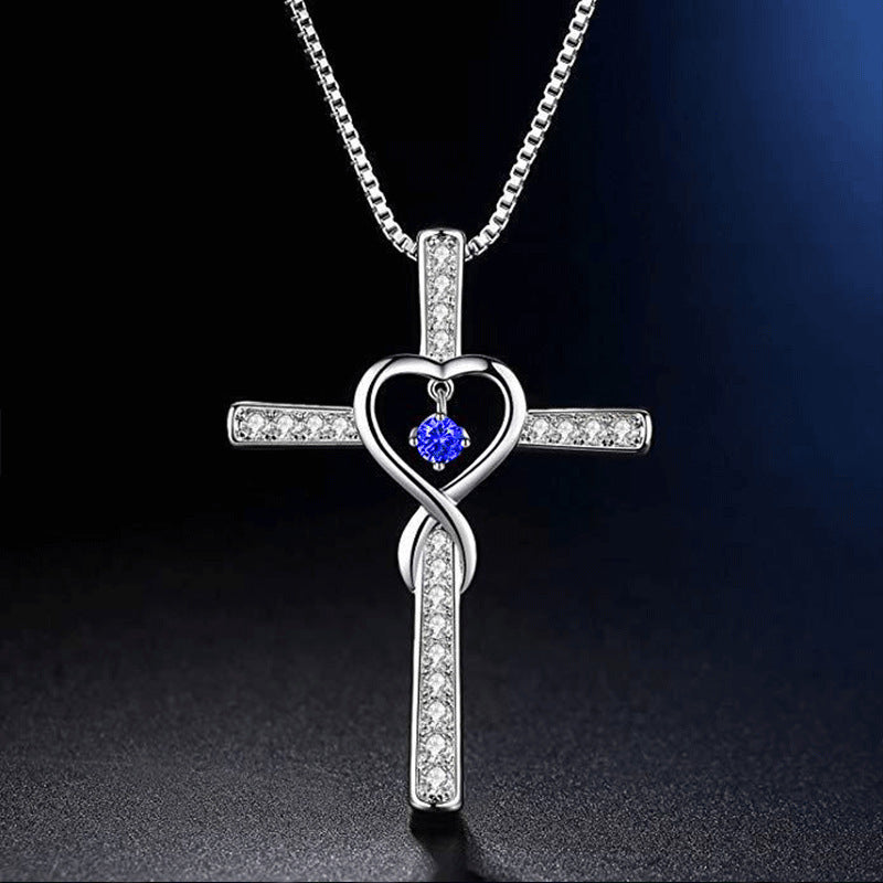 Infinity Love God We Trust Christian Cross Birthstone Crystal Pendant Necklace Colour Gems Zircon Heart Necklace Women Jewelry